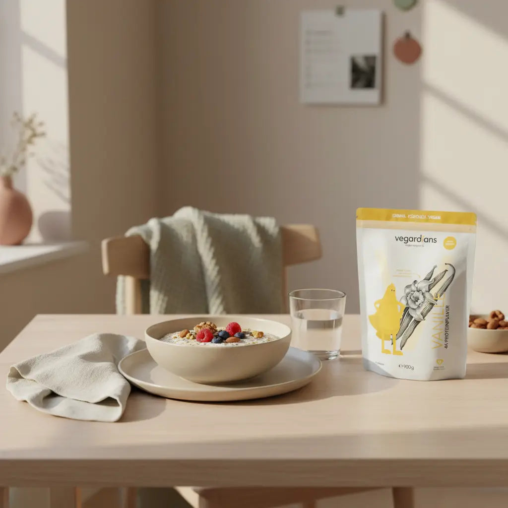 Frühstücksplatte mit Haferporridge, Nüssen, Beeren und Wasserglas in ruhiger Küchenszene – Welches Essen verbrennt schnell Fett; bewusst, nahrend und minimalistisch.