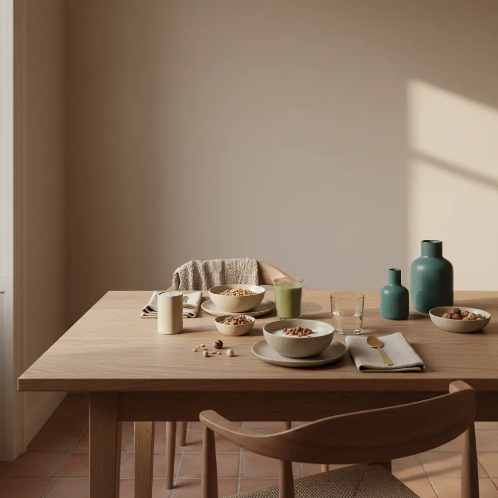 Minimalistischer Frühstückstisch mit Granola, veganem Joghurt, Nüssen und Shake in weichem Morgenlicht – welches essen verkürzt das leben