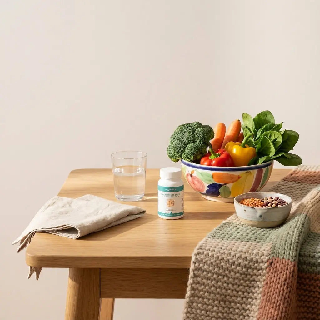 Stillleben einer europäischen Küche mit Gemüseschale (Brokkoli, Karotten, Paprika, Spinat), Glas Wasser und Hülsenfrüchten – welches gemuese jede woche essen