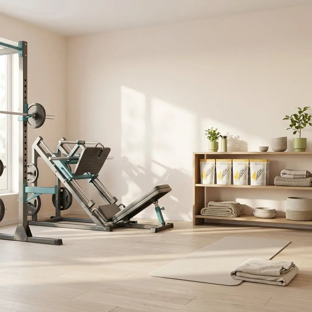 Minimalistisches Home‑Gym im Morgenlicht mit Beinpresse, Power‑Rack, Yogamatte und Regal mit dem Produkt aus den Referenzfotos – Welches Gerät trainiert die Beine