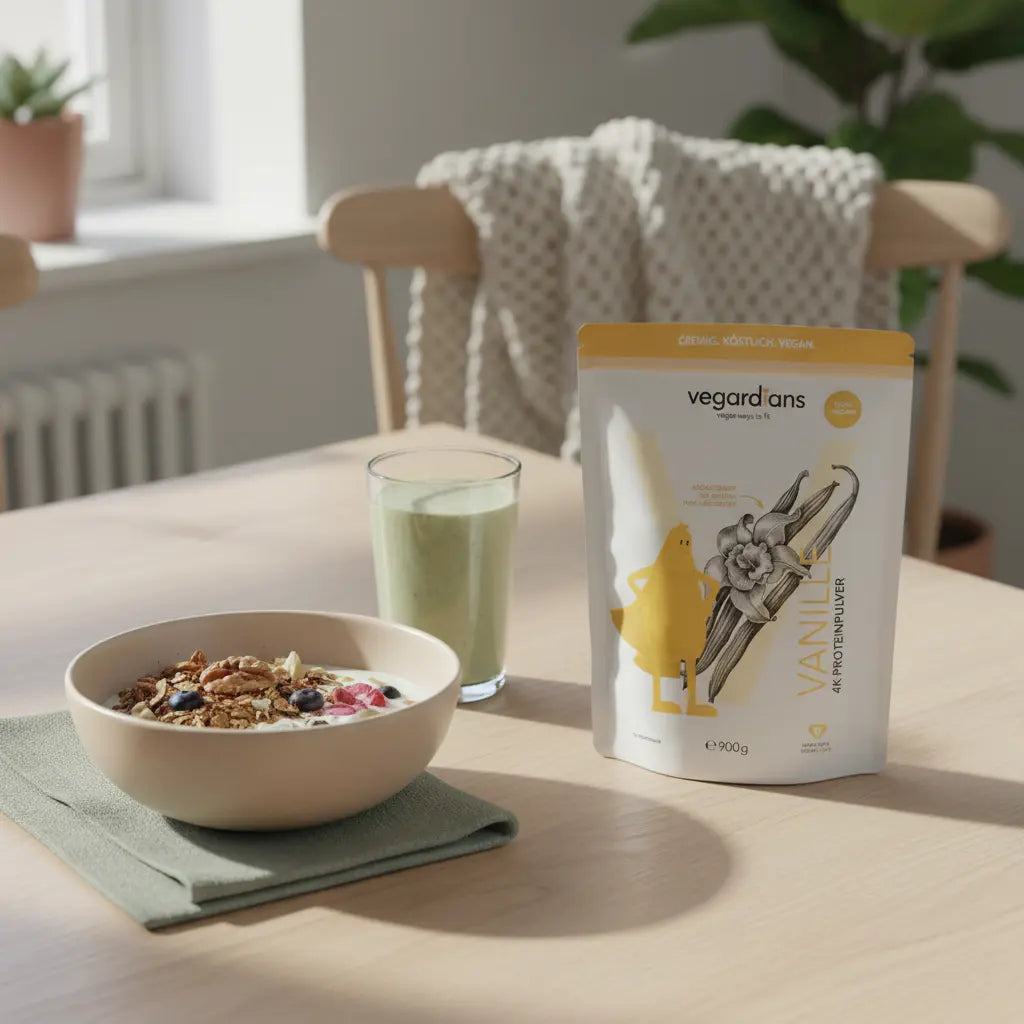 Minimalistische Morgen-Küchenszene mit veganer Mahlzeit, Holztisch und Vegardians-Produkt, ruhige Palette und sanftes Licht — Welches Hormon bei dickem Bauch