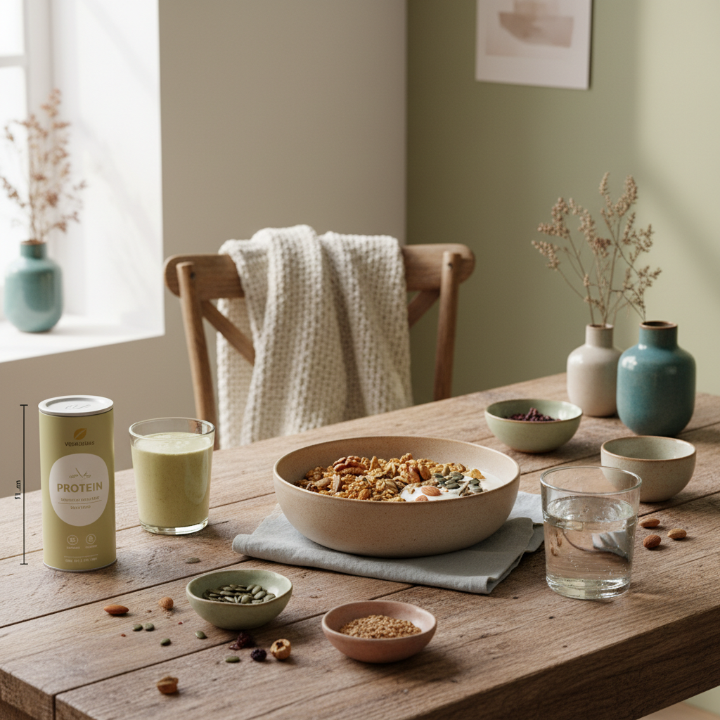 Minimalistische europäische Küchenaufnahme mit Granola, veganem Joghurt, Nüssen und Proteinshake auf Holztisch im Morgenlicht — Welches Kraut wirkt wie Kreatin?