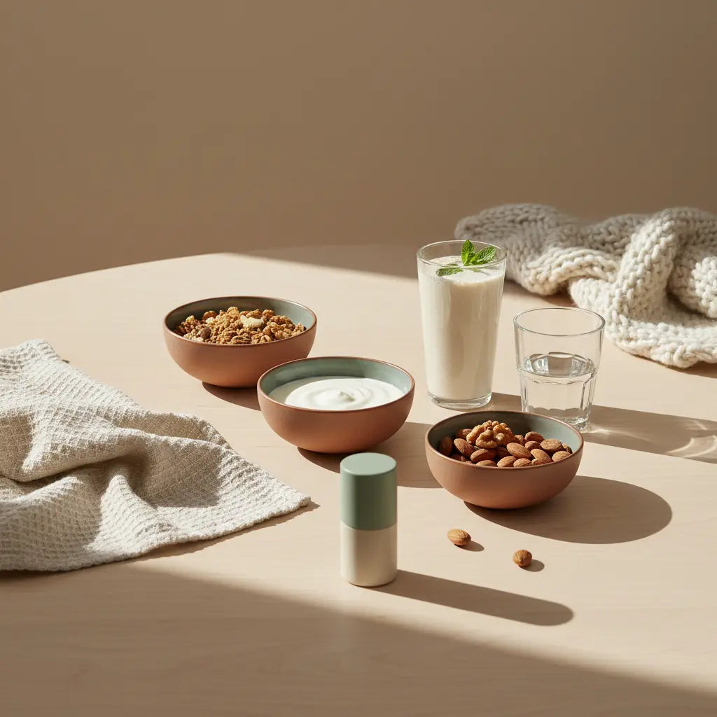 Minimalistisches Frühstück in europäischer Küche mit Granola, Pflanzenjoghurt, Nüssen und Shake auf nachhaltigem Holztisch, ruhige Morgenstimmung — welches lebensmittel besteht fast 100% aus protein