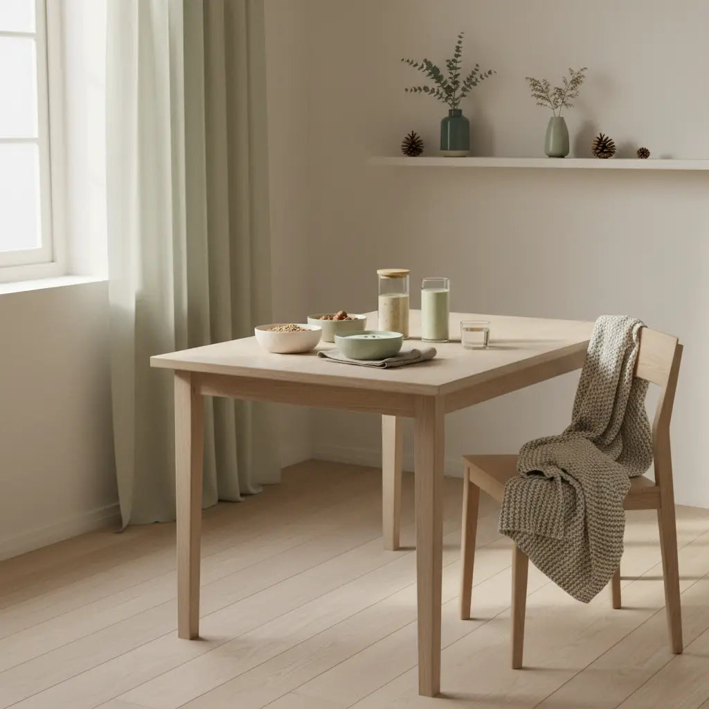 welches lebensmittel hat am meisten eiweiß vegan — minimalistisches Frühstück mit Granola, pflanzlichem Joghurt, Nüssen und Shake auf nachhaltigem Holztisch in sanftem Morgenlicht