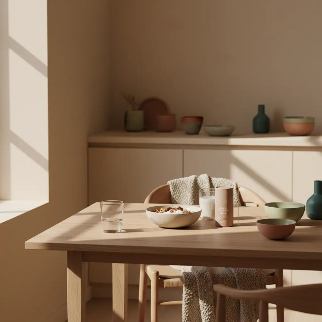 Welches pflanzliche Protein ist gut für den Muskelaufbau? Minimalistisches Frühstück mit Granola, pflanzlichem Joghurt, Nüssen und Shake auf einem nachhaltigen Esstisch in sanftem Morgenlicht.