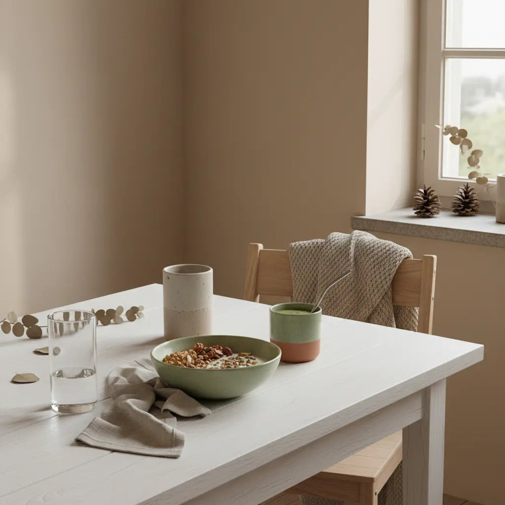 Veganes Frühstück mit Granola, Joghurt, Nüssen und Shake in einer minimalistischen europäischen Küche – welches vegetarische essen hat die meisten proteine