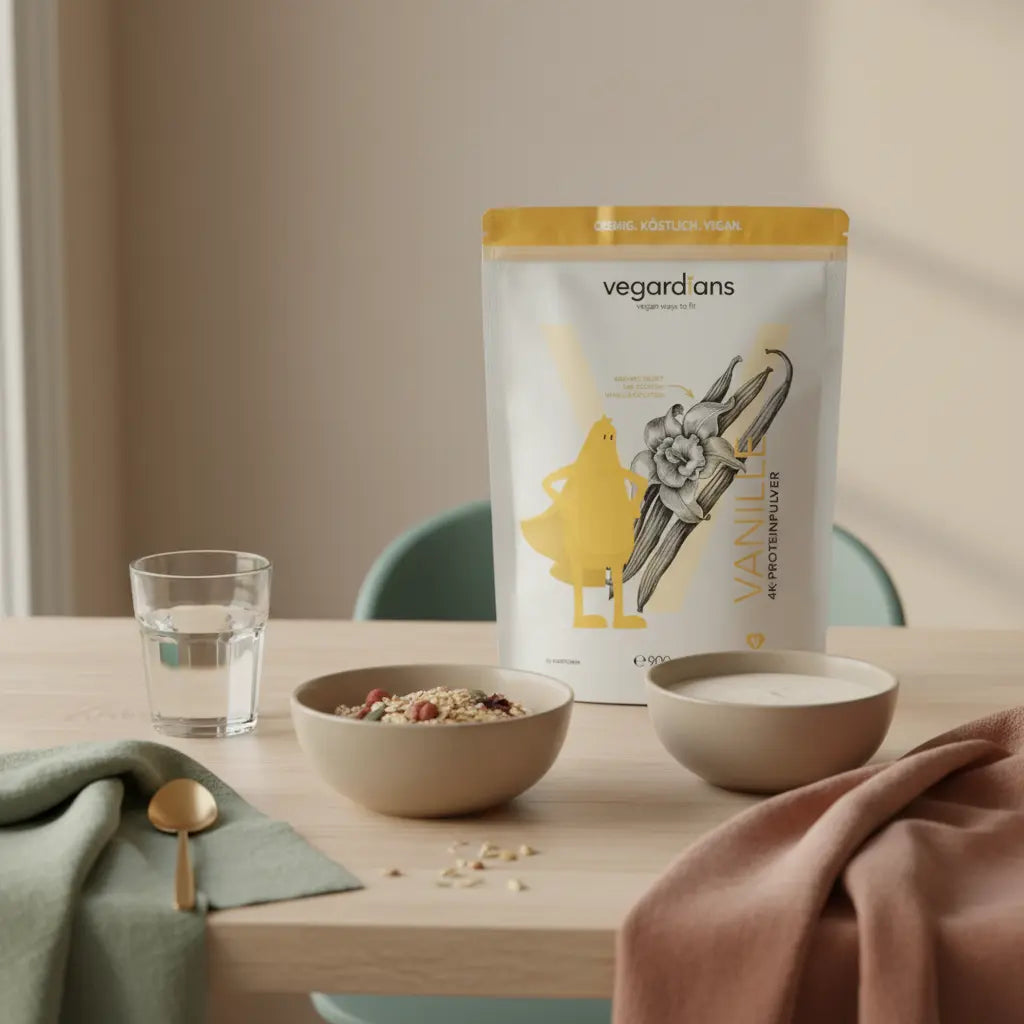 Minimalistische Frühstücksszene mit Müsli, Shake und dem Produkt aus den Referenzfotos auf nachhaltigem Holztisch — Welches Workout ist am besten zum Abnehmen?