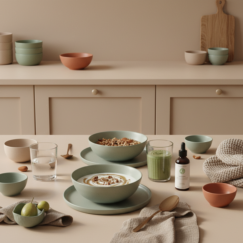 Veganes Frühstück auf minimalistischem Tisch in einer europäischen Küche im Morgenlicht: Granola, Joghurt, Nüsse und Shake — weniger frieren durch Training