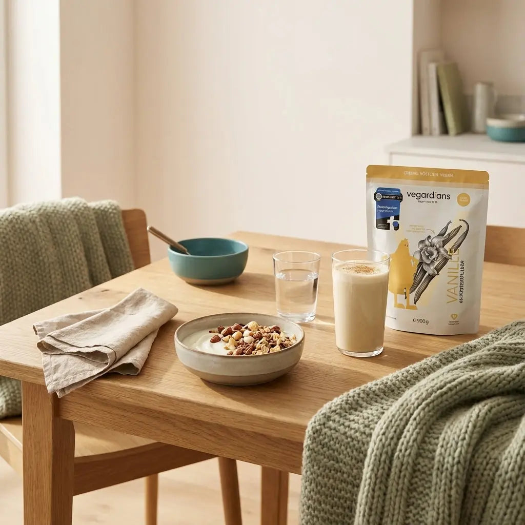 Morgendliche europäische Küchenszene mit Holztisch, Müsli, Nüssen, Wasser und Shake; dezente winterliche Akzente – whey protein zum abnehmen
