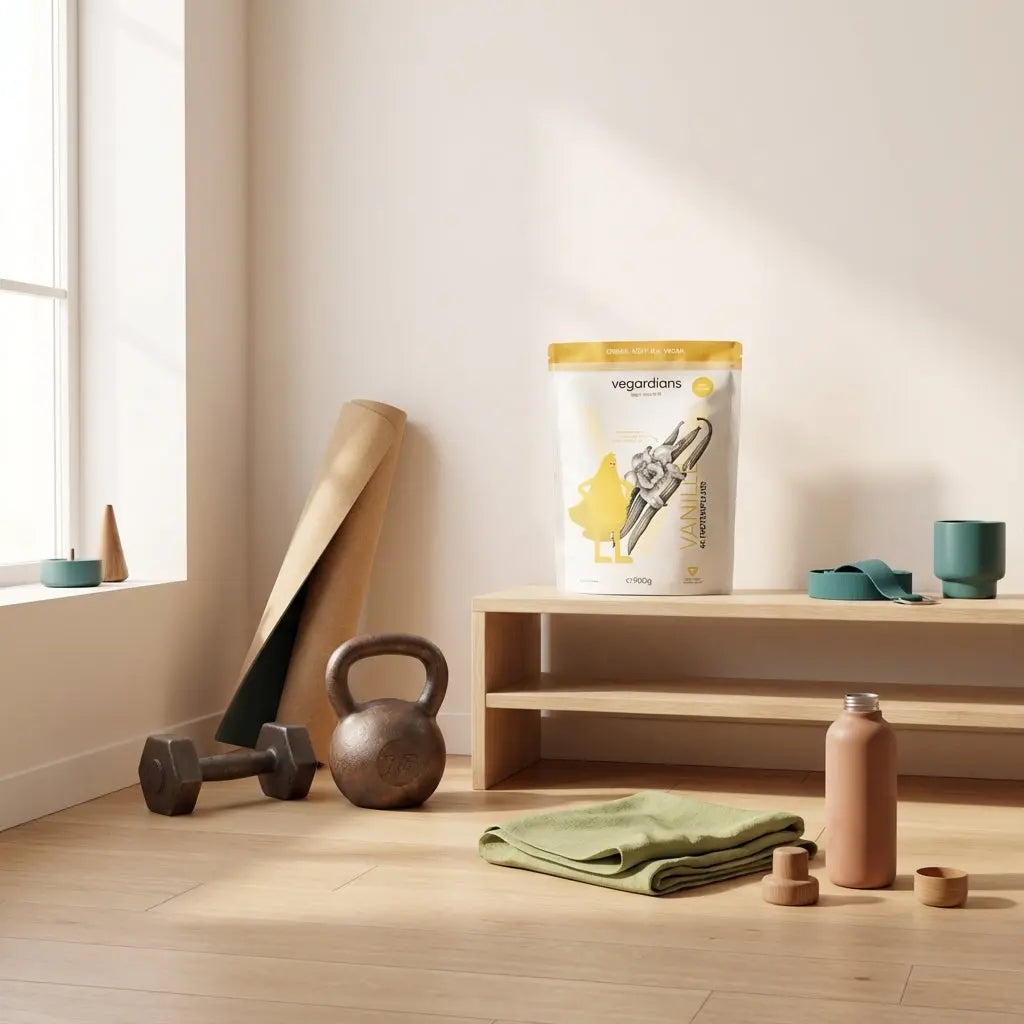 Minimalistische Heimtrainingsszene mit Yogamatte, Kettlebell, Kurzhantel und Vegardians-Produkt im Morgenlicht – wie baue ich muskeln im unteren rücken auf