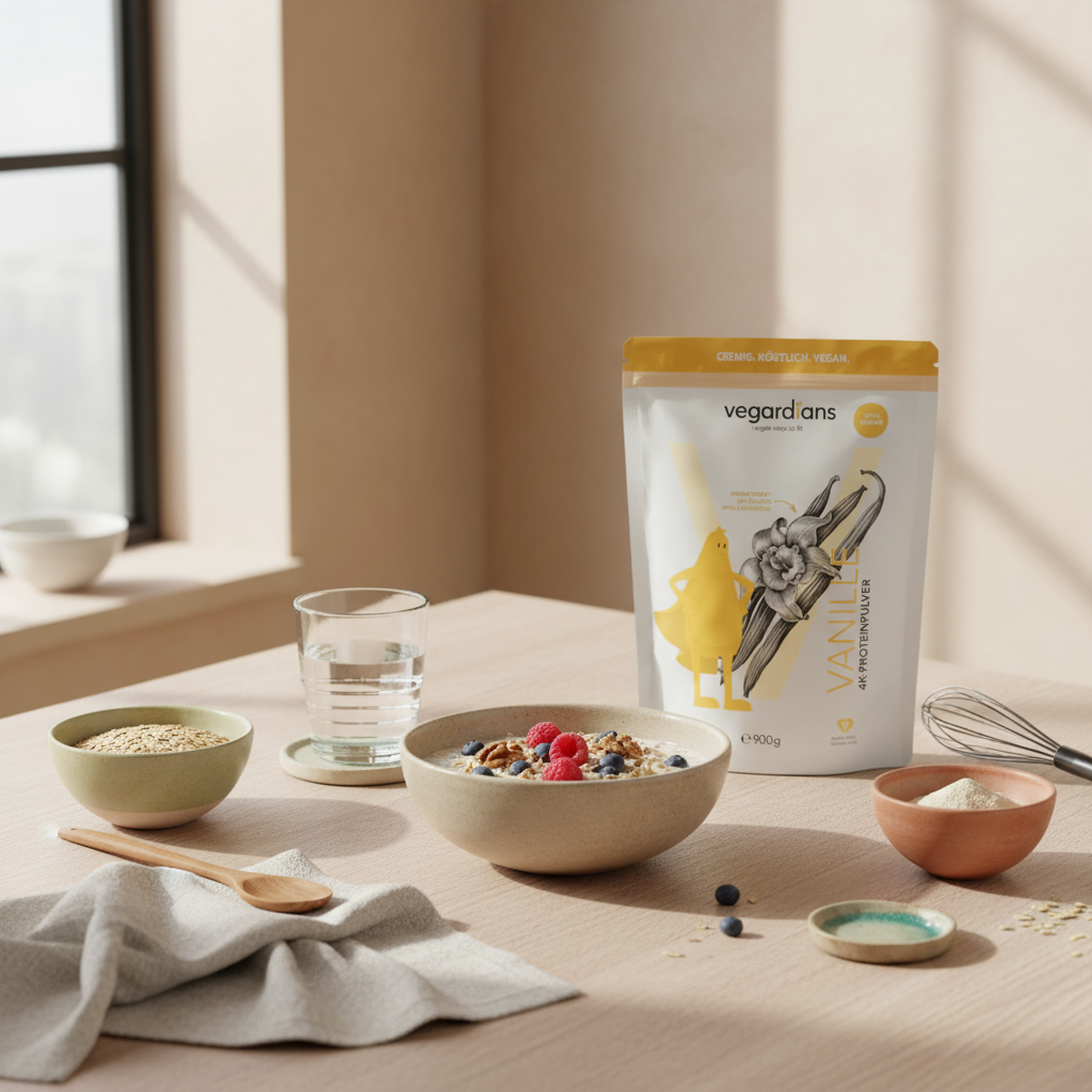 Minimalistische Morgenszene mit Haferflocken, Beeren, Glas Wasser und geschlossenem Protein-Shaker auf Holztisch – Wie bekomme ich Bauchfett weg bei Frauen ab 50?