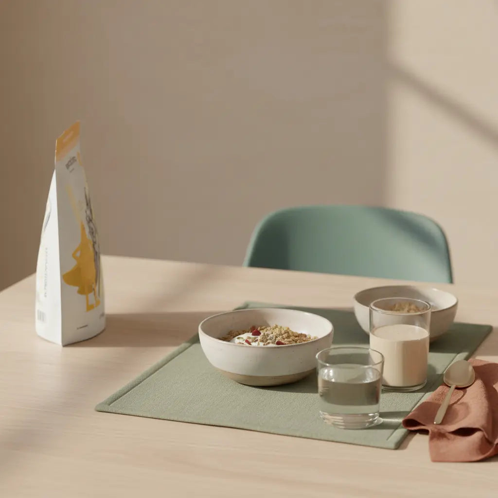 Ruhevolle Morgenküche mit Müsli, pflanzlichem Joghurt, Nüssen und klarem Shake auf nachhaltigem Holztisch – Wie bekomme ich den Dreh zum Abnehmen?