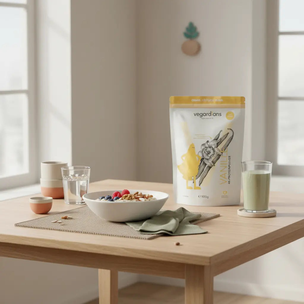 Küchenszene mit Holztisch, Haferbrei mit Beeren, Nüssen, pflanzlichem Shake und Glas Wasser im Morgenlicht – Wie bekomme ich in 6 Wochen einen flachen Bauch?