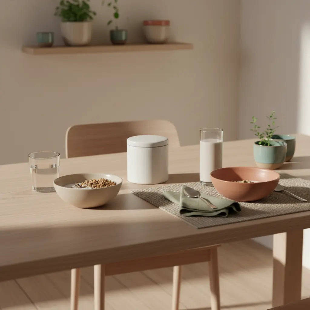 Minimalistische Frühstücksszene in einer europäischen Küche mit veganem Granola, Joghurt, Nüssen und Shake in beruhigender Farbwelt – Wie bekomme ich wieder Struktur in mein Leben?