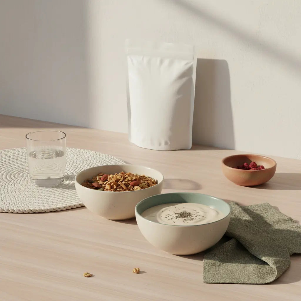 Wie bekommt man den Bauch in den Wechseljahren weg? Minimalistische Morgen-Küche mit Glas Wasser, pflanzlichem Joghurt‑Shake, proteinreichem Müsli und natürlichen Woll- und Leinen-Texturen.