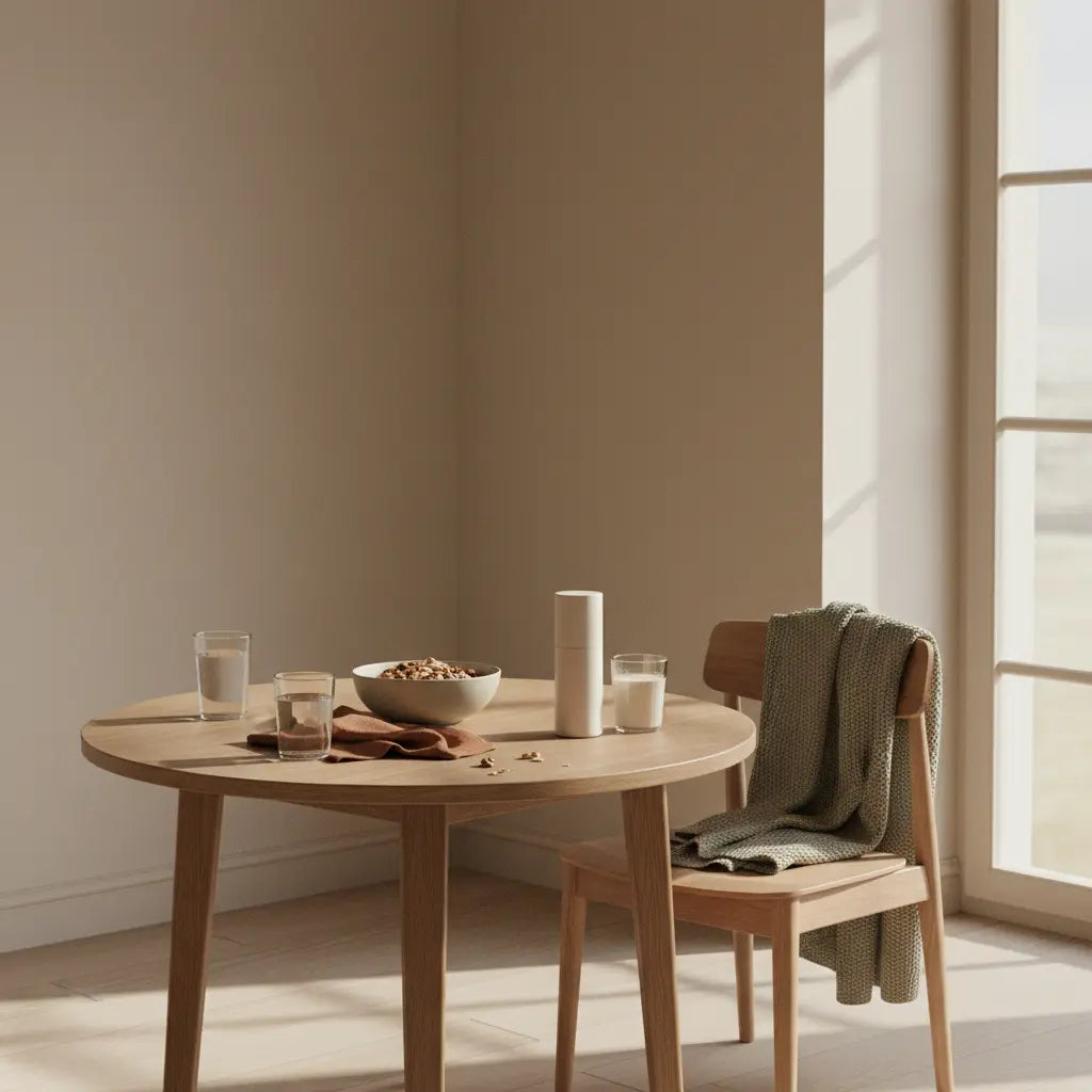 Minimalistisches, nachhaltiges Frühstück mit Granola, pflanzlichem Joghurt, Nüssen und Shake auf einem beige-salbeigrünen Tisch – Wie benimmt man sich im Gym?