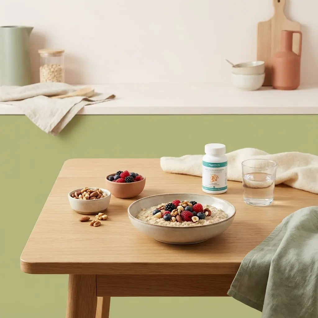 Wie erkenne ich einen Cortisol-Bauch? Minimalistische Küchenaufnahme: nachhaltiger Holztisch mit Glas Wasser, Hafer‑Porridge, Schälchen mit Nüssen & Beeren und verschlossenem Proteinpulver-Behälter.