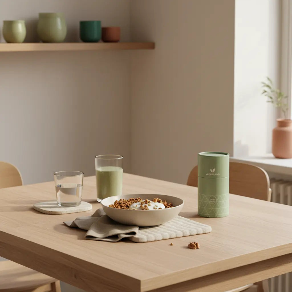 Wie erkenne ich jodmangel: ruhige Frühstücksszene mit Granola, pflanzlichem Joghurt, Nüssen und Shake auf nachhaltigem Holztisch in salbeigrün-beige Palette.