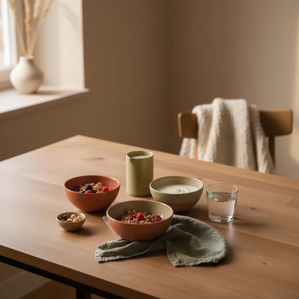 Minimalistische europäische Küchen-Szene mit veganem Frühstück (Granola, Pflanzendyoghurt, Nüsse, Shake) auf Holztisch in Beige und Salbei, wie fange ich an vegan zu essen