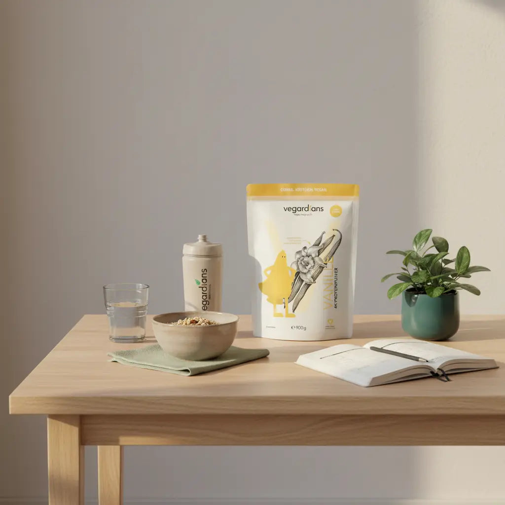 Helle Küchenszene mit Haferflocken, Glas Wasser, Proteinshake und aufgeschlagenem Trainingsplan – wie fange ich mit krafttraining an frau?