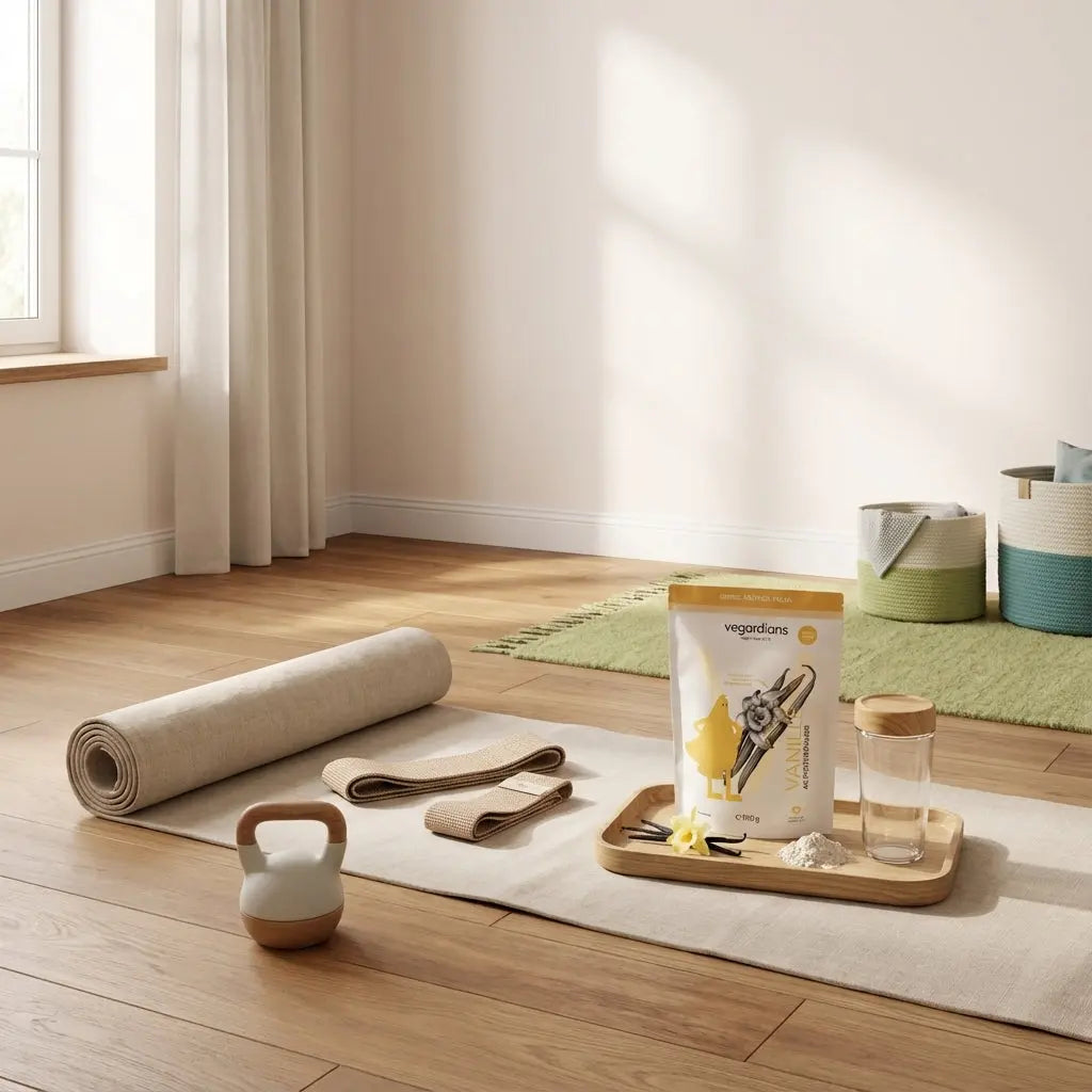 Wie kann ein 12-jähriger Junge Muskeln aufbauen? Kinderzimmer‑Ecke mit Trainingszubehör (Widerstandsbänder, kleine Kettlebell, Matte) und Shake‑Produkt auf Holztablett im warmen Morgenlicht, minimalistisch.