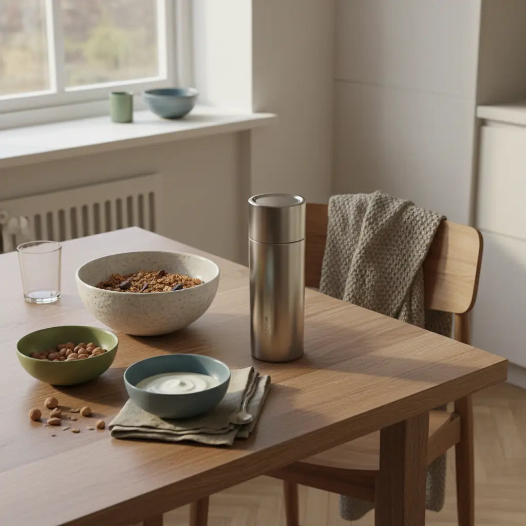 Minimalistisches Morgenfrühstück mit Granola, pflanzlichem Joghurt, Nüssen und Shake auf nachhaltigem Tisch — Wie kann ich 5 kg pro Woche abnehmen