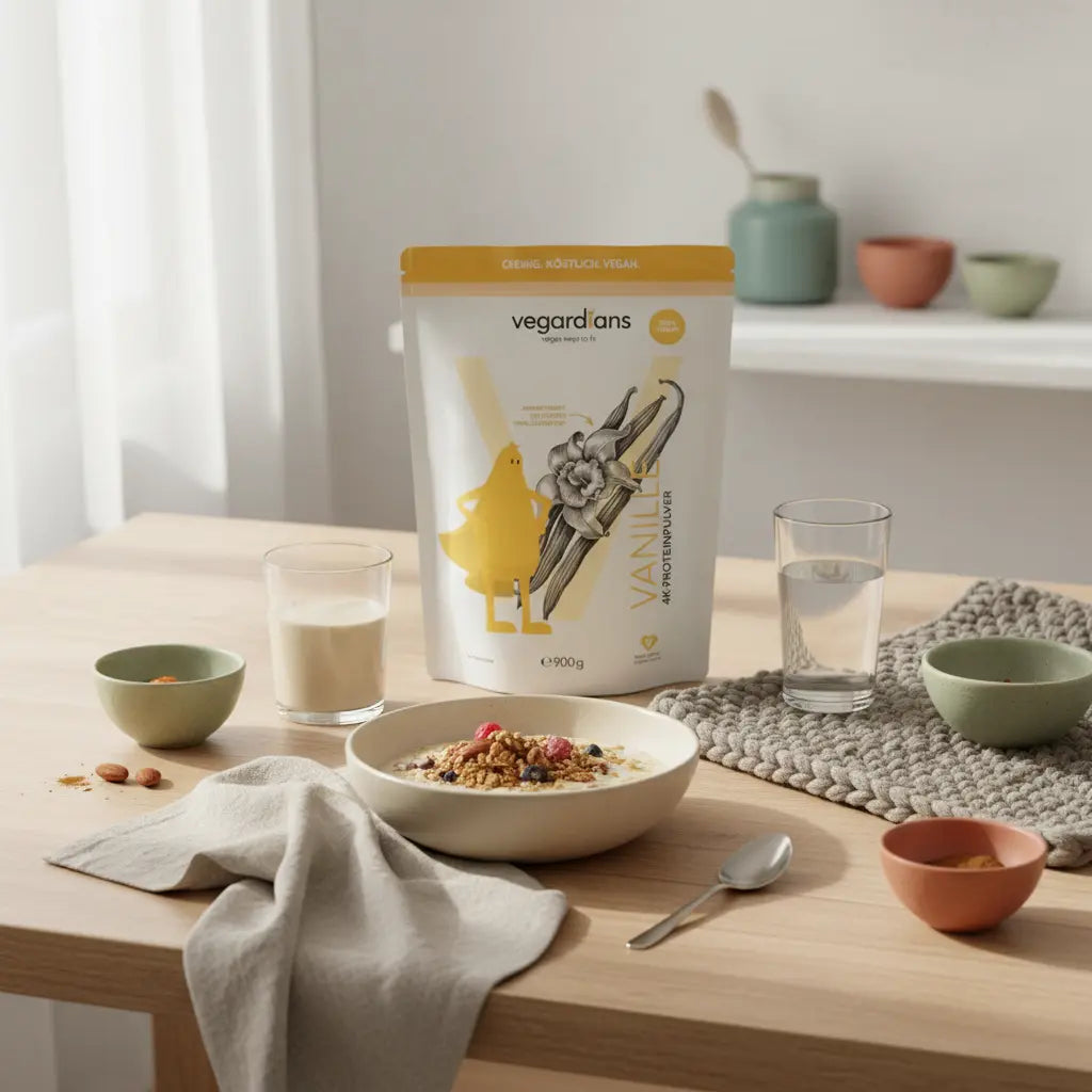 Wie kann ich als Vegetarier Abnehmen? Minimalistische Morgen-Szene: Haferbrei, Shake, Glas Wasser und Vegardians-Produkt auf nachhaltigem Holztisch in sanftem Licht.