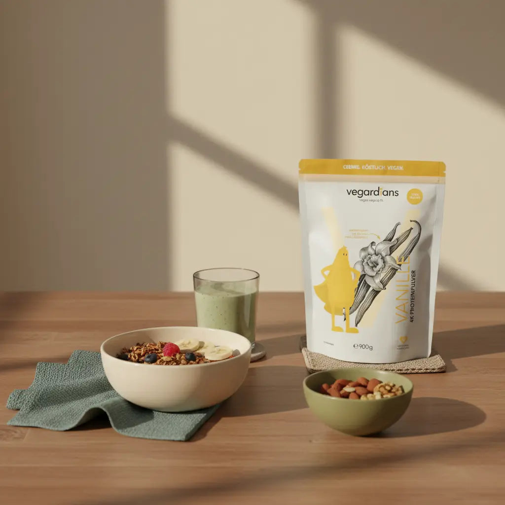 Minimalistische Morgenküche mit nachhaltigem Holztisch, veganem Frühstück (Müsli, Nüsse, Shake), Leinenservietten und Keramikschalen, Produkt aus Referenzfotos sichtbar — wie kann ich im schlaf abnehmen