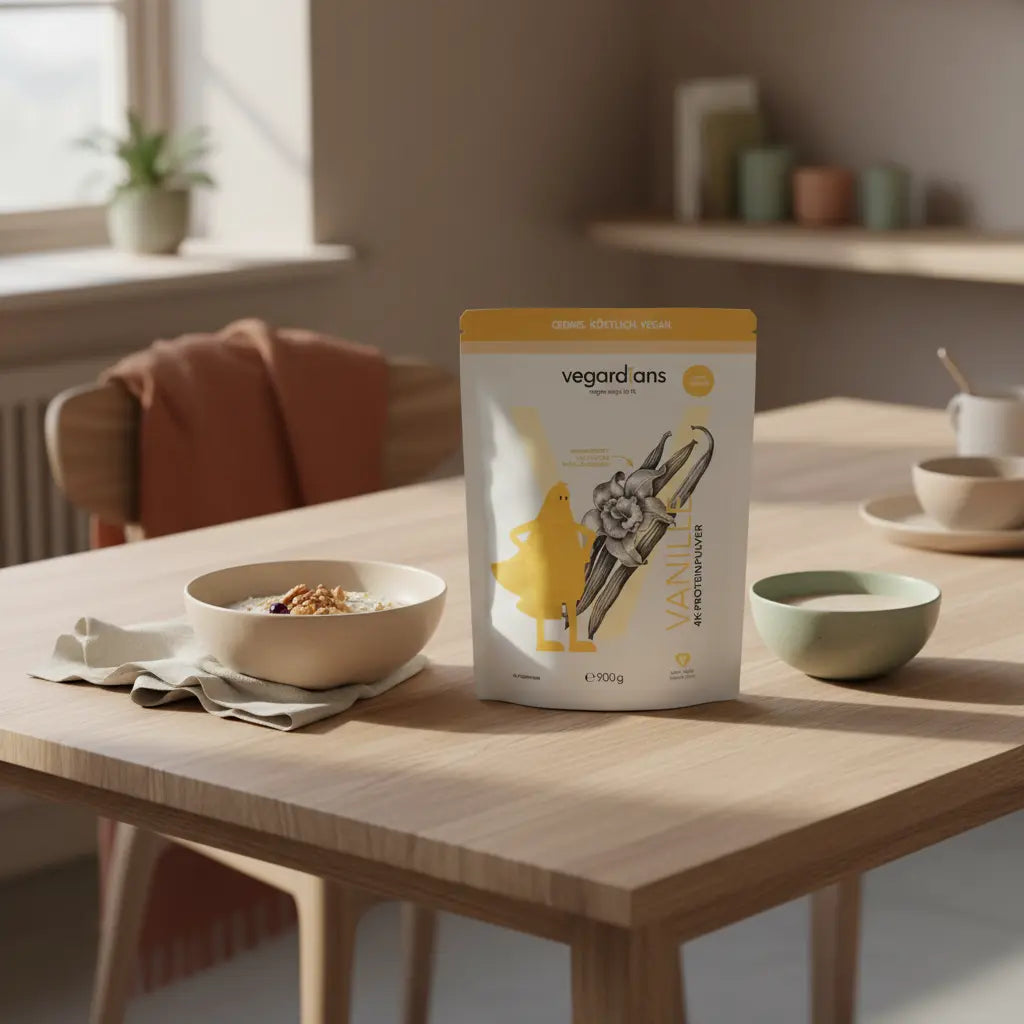 Sanfte Morgenszene in europäischer Küche: nachhaltiger Holztisch mit Wasserglas, Haferbrei, Nüssen und Proteinshake – bewusstes Frühstück. Wie kann man am leichtesten Abnehmen