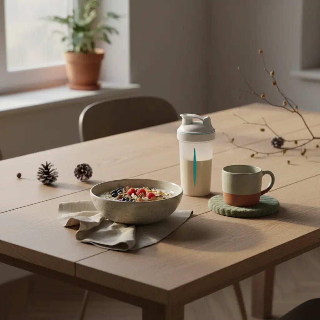 Minimalistische Morgenaufnahme: veganes Porridge, Nüsse, frisches Obst und Proteinshake auf nachhaltigem Holztisch — wie kann man am schnellsten Fett verbrennen?