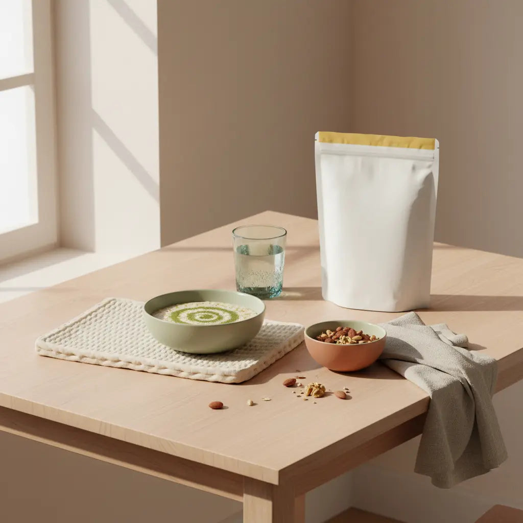 Minimalistische Küche: Haferbrei, Nüsse, Glas Wasser und geschlossener Protein‑Shaker auf Holztisch im Morgenlicht. Wie lange dauert es, bis man eine Gewichtsabnahme sieht?