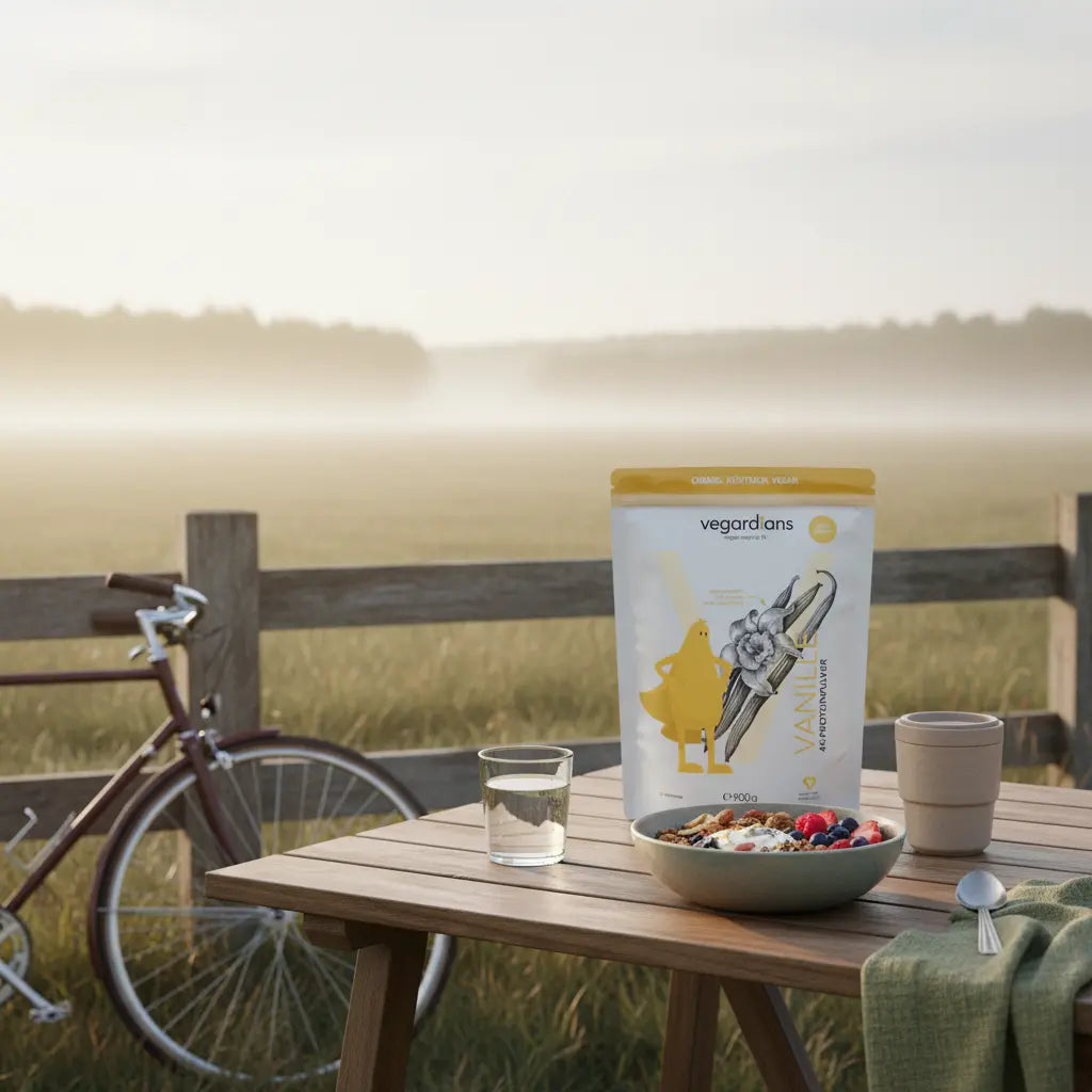 Morgenszene: Fahrrad am Holzzaun, Holztisch mit Glas Wasser, veganer Frühstücksbowl und nachhaltigem Becher – Wie lange Fahrradfahren für Cardio