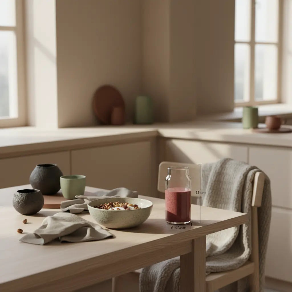 Wie lange Krafttraining bis man was sieht Frau? Minimalistische europäische Küche mit veganem Frühstück (Granola, Joghurt, Nüsse) und Shake, weiches Morgenlicht, Vegardians-Farbpalette.