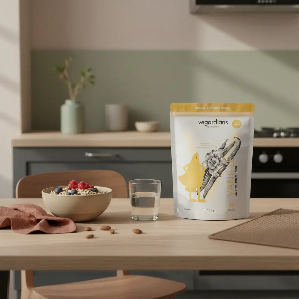 Minimalistische Morgen-Küchenszene: nachhaltiger Holztisch mit Glas Wasser, Hafer mit Beeren und Nüssen sowie dem Produkt aus den Referenzfotos, warm und nährend. Wie lange rudern um abzunehmen