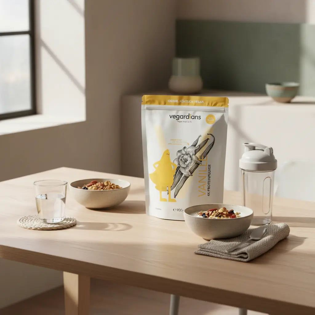 Europäische Küchenaufnahme mit veganem Proteinfrühstück, Glas Wasser, Shake und dem Produkt aus den Referenzfotos in ruhiger Morgenatmosphäre – wie lange Trainingsplan