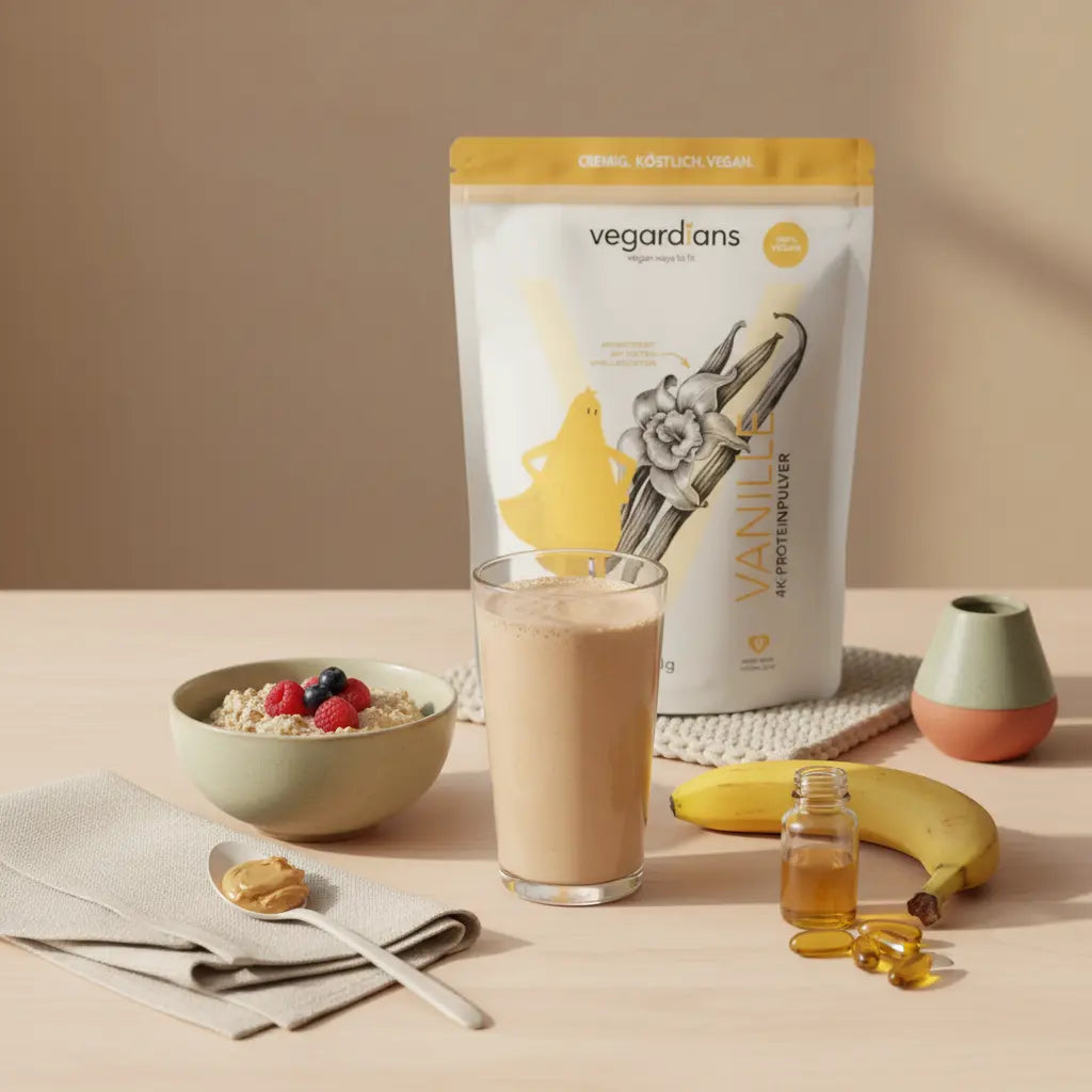 Sanfte Morgenaufnahme: Holztisch mit cremigem Masse‑Shake, Hafer, Nussbutter, Banane und Algenölkapseln im Vegardians‑Stil — wie macht man einen Masse Shake?