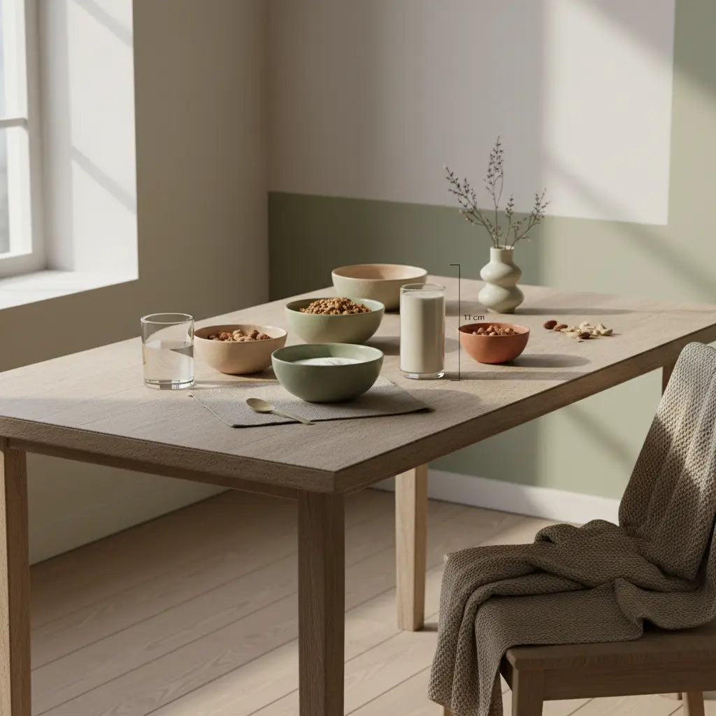 Wie motiviere ich meine unmotivierte Frau? Minimalistische Morgenküche mit veganem Granola, pflanzlichem Joghurt, Nüssen und Shake auf nachhaltigem Tisch in Vegardians-Farben.