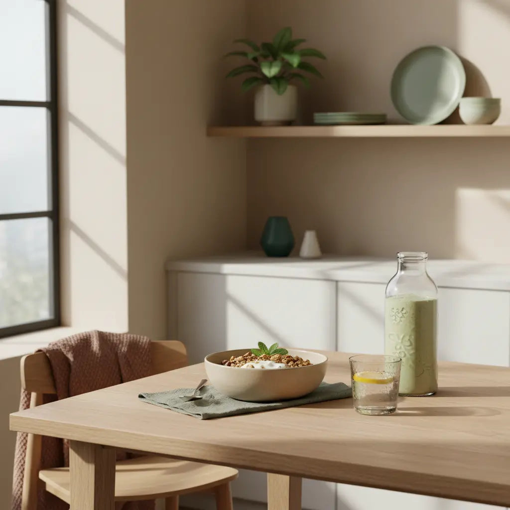 Minimalistisches Frühstück in europäischer Küche mit Granola, Shake und Glas Wasser im sanften Morgenlicht, ruhige, nährende Stimmung — wie motiviere ich mich zum Training