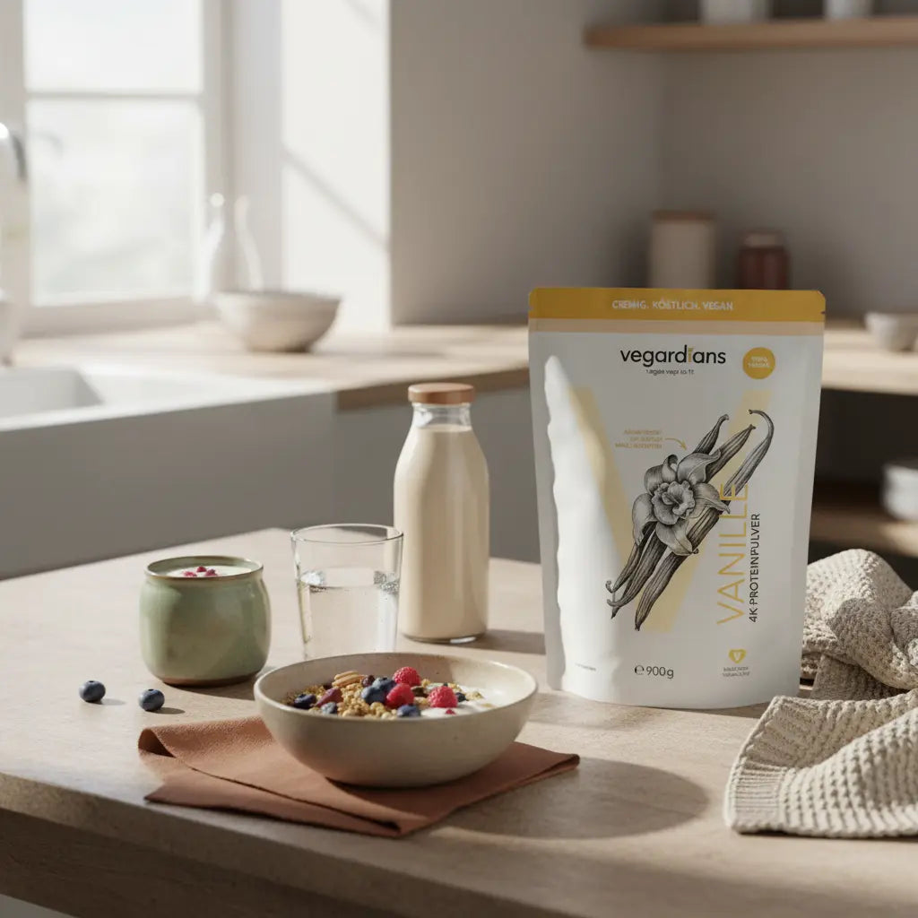 Sanfte Morgenlicht-Küchenszene mit veganem Proteinmüsli, Joghurt mit Beeren, Proteinshake und Glas Wasser auf nachhaltigem Tisch – Wie nehme ich als Frau am Bauch ab?