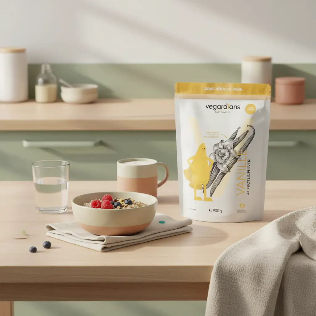 Minimalistische Morgen-Küchenszene mit Haferflocken, Beeren, Nüssen, protein-Shake und Glas Wasser auf nachhaltigem Holztisch – wie nehme ich schnell an masse zu?