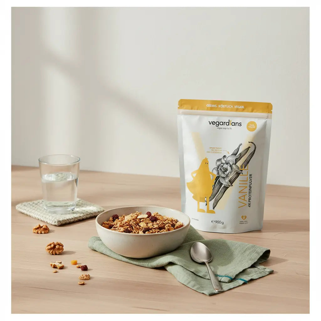 Minimalistische Morgenküche mit nachhaltigem Holztisch, Glas Wasser, Schale Müsli, Proteinshake und Vegardians-Produkt – wie oft bauch beine po trainieren