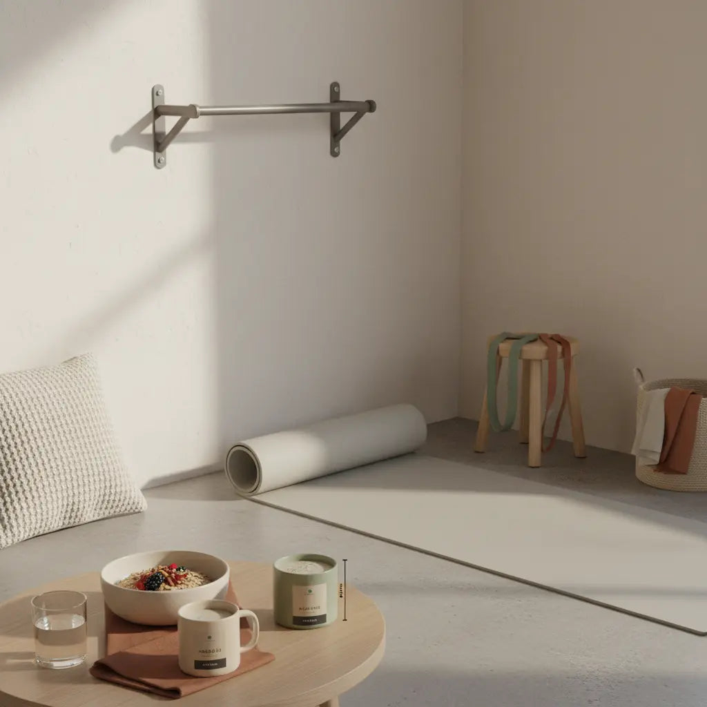 Minimalistische Home‑Gym Ecke im Morgenlicht mit Klimmzugstange, Matte, Haferflocken auf Tisch und Produkt auf dem Tisch — wie oft calisthenics pro woche