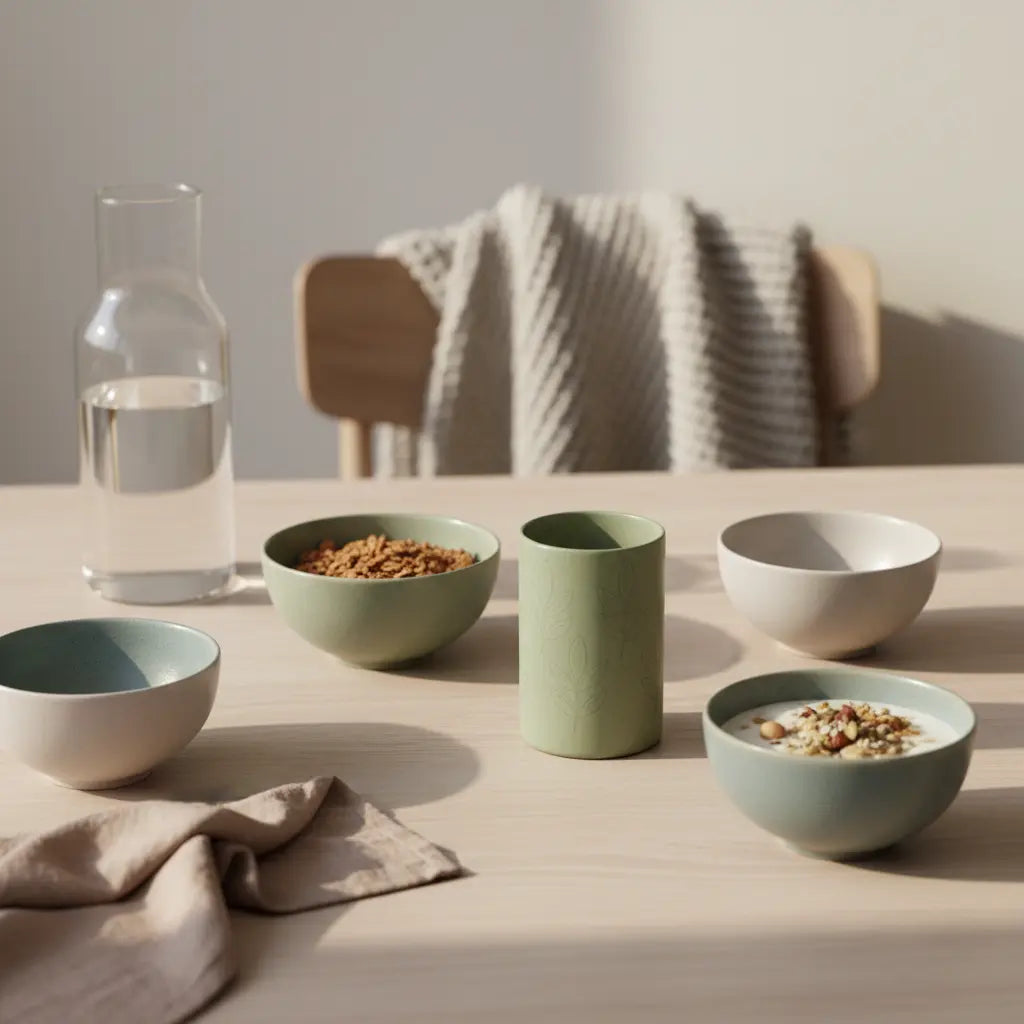 Minimalistisches Frühstück mit Granola, pflanzlichem Joghurt, Nüssen und Shake in einer europäischen Küche bei sanftem Morgenlicht — Wie oft ins Fitnessstudio als Anfänger