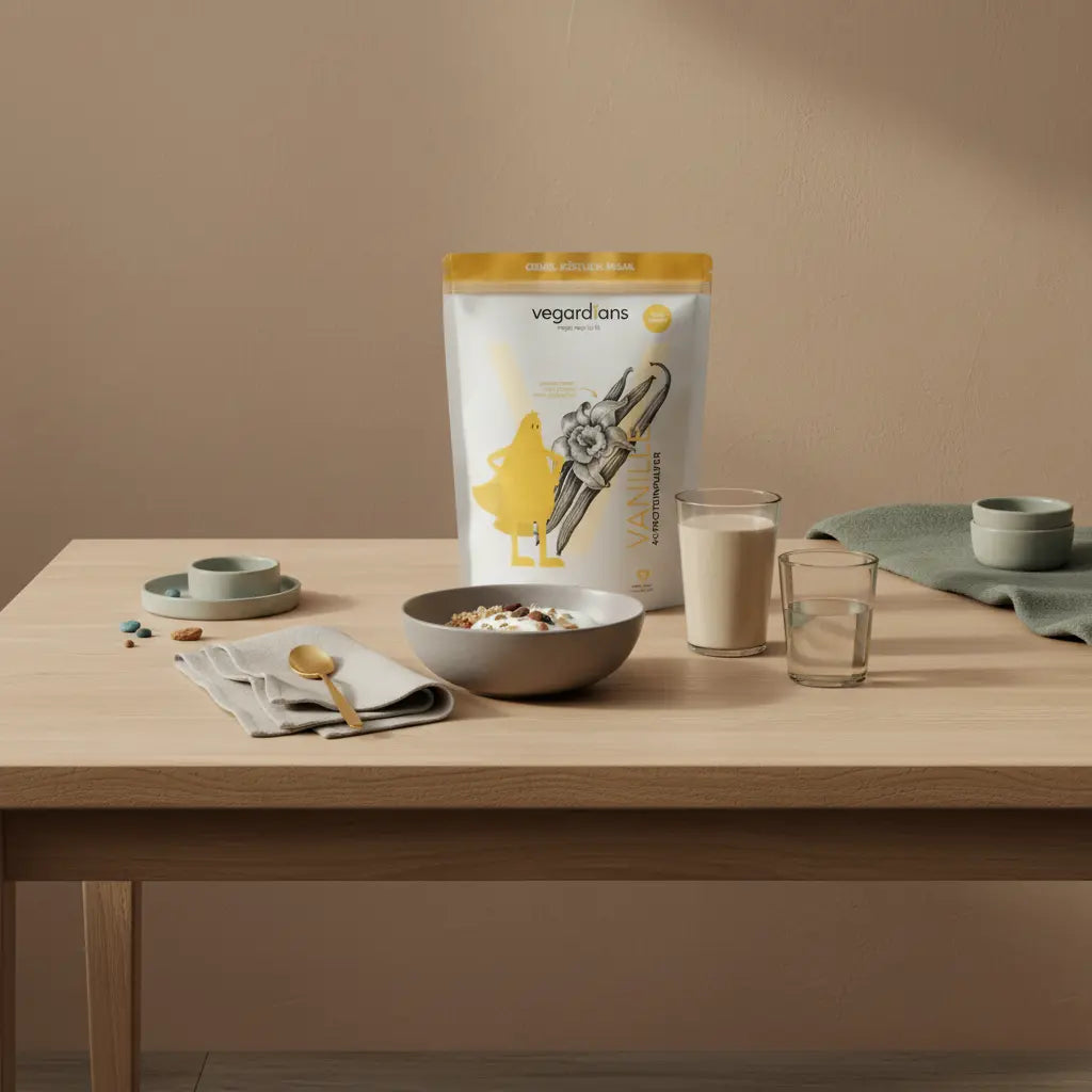 Proteinreiche seniorengerechte Mahlzeit mit Hafer, Nüssen, Sojajoghurt und Proteinshake auf minimalistischem Küchentisch im Morgenlicht – wie oft krafttraining ab 60