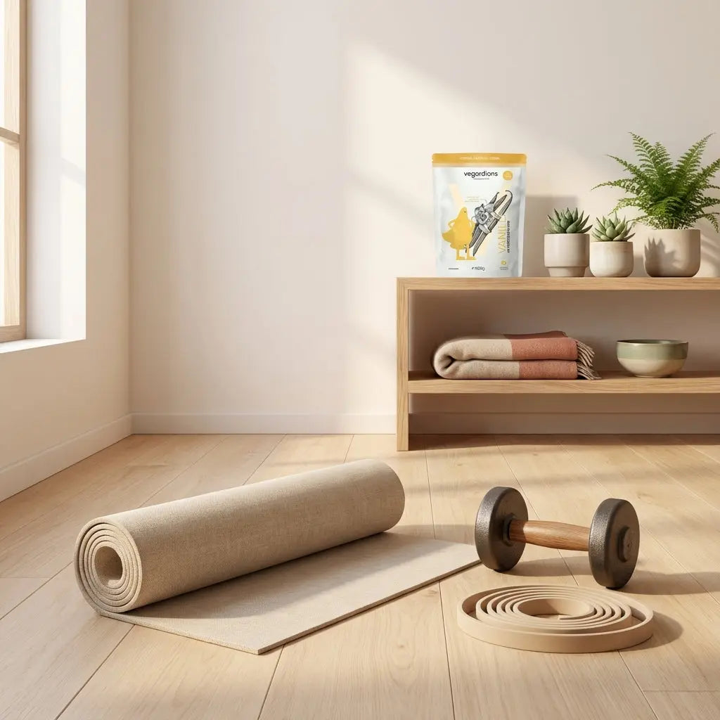 Minimalistischer Trainingsraum mit Yogamatte, Kurzhantel und Widerstandsband auf Holzboden, Regal mit Pflanzen und Keramikschale – Wie trainiert man am besten den unteren Rücken?