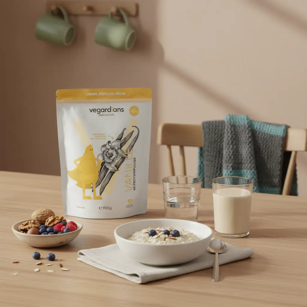 Wie trainiert man den Unterbauch weg? Frühstücksszene mit Haferflocken, Glas Wasser, pflanzlichem Proteinshake und Nüssen auf nachhaltigem Holztisch im warmen Morgenlicht.