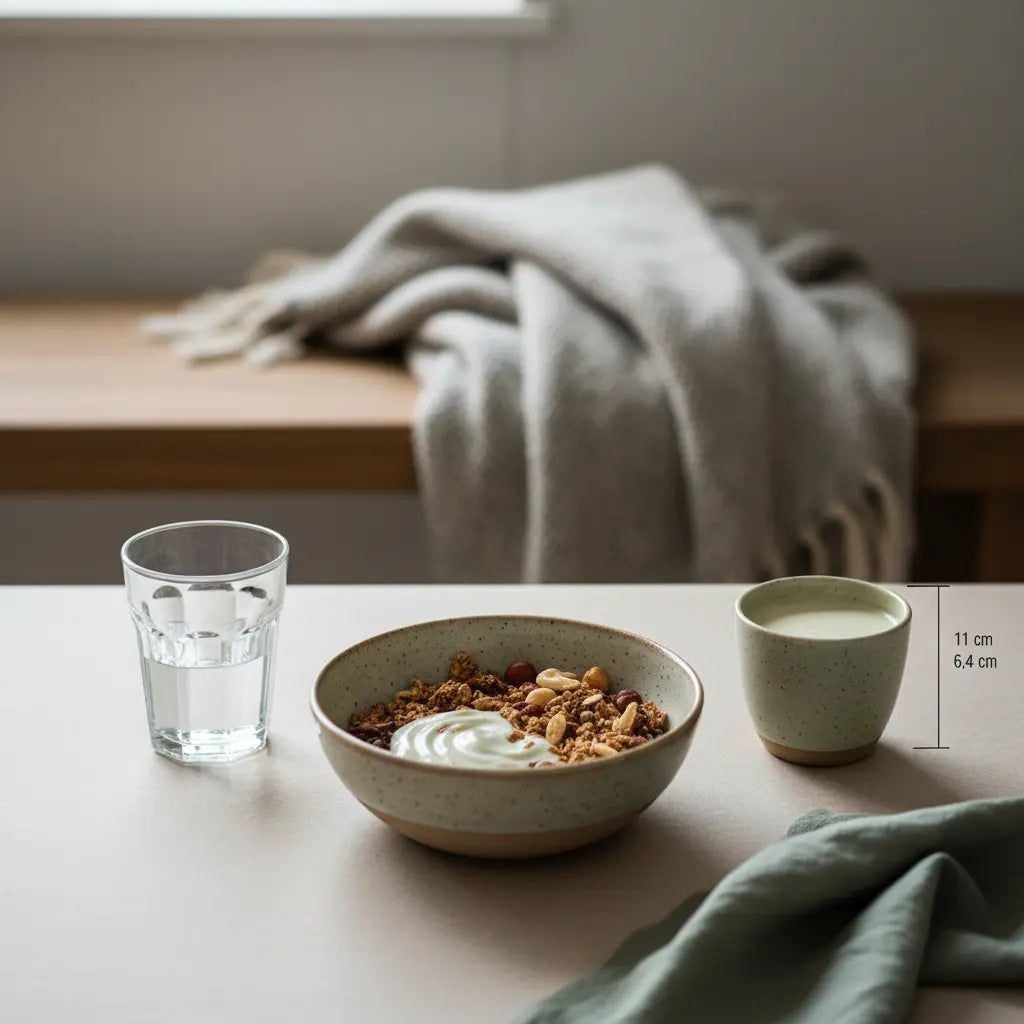 Stilles Morgenfrühstück in europäischer Küche mit Granola, pflanzlichem Joghurt, Nüssen, Shake und dem Produkt aus den Referenzfotos – wie verändert sich der körper bei veganer ernährung