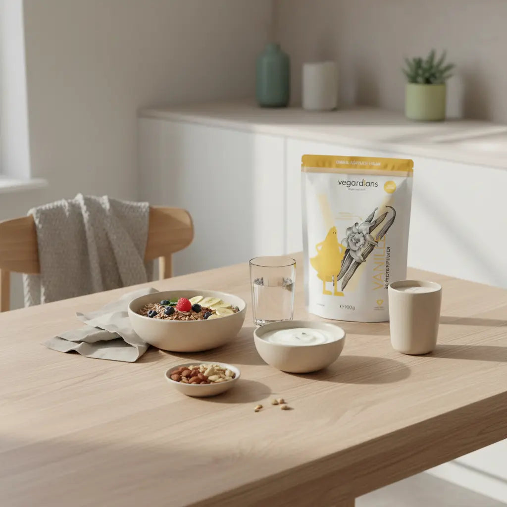 Minimalistisches veganes Frühstück auf nachhaltigem Holztisch in sanftem Morgenlicht mit Müsli, pflanzlichem Joghurt, Nüssen und Shake — Wie verliert man am schnellsten Unterbauchfett?