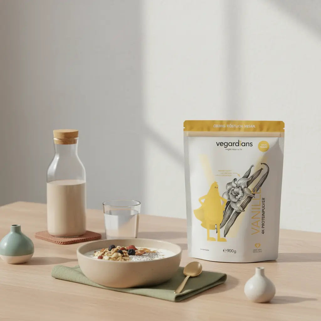 Morgendliche Küchenszene mit veganer proteinmahlzeit (Müsli, Sojajoghurt, Nüsse) und Proteinshake auf Holztisch – Wie viel Eiweiß pro Tag für Muskelaufbau?