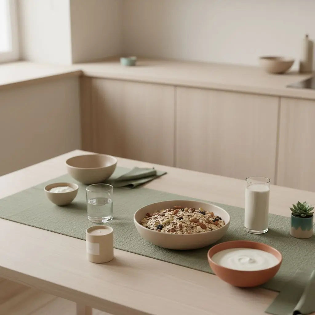 Minimalistisches Frühstück mit Granola, pflanzlichem Joghurt, Nüssen und Shake in heller Küche – Wie viel Gewicht kann ich bis Januar verlieren